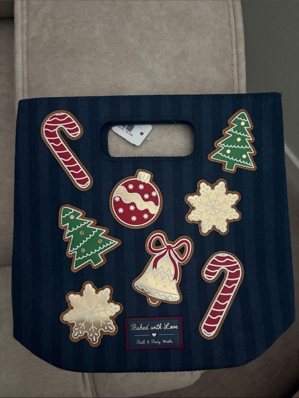 Bath & Body Works Navy Holiday Tote Bag with Festive Appliqués